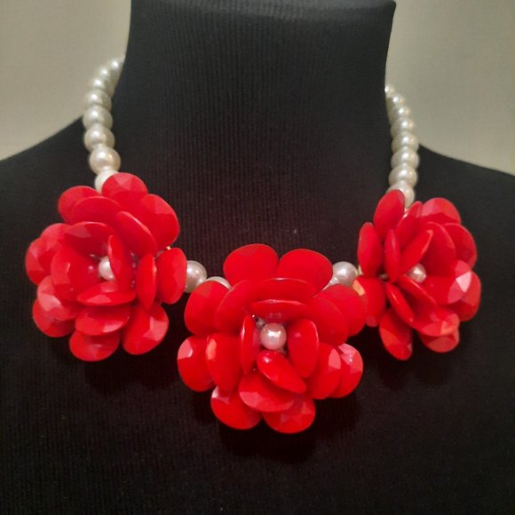 Tatyana/Bettie Page Jewelry - Tatyana/Bettie Page Red Floral Pearl Statement Necklace